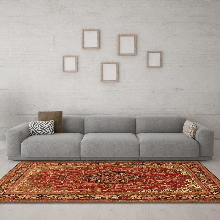 Machine Washable Medallion Orange Traditional Area Rugs in a Living Room, wshtr2199org