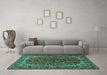 Machine Washable Medallion Turquoise Traditional Area Rugs in a Living Room,, wshtr2199turq