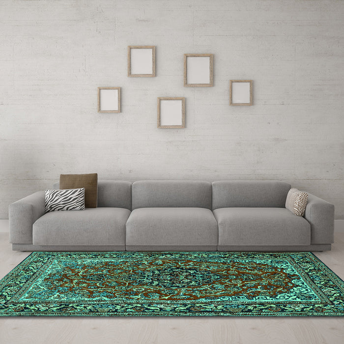 Machine Washable Medallion Turquoise Traditional Area Rugs in a Living Room,, wshtr2199turq