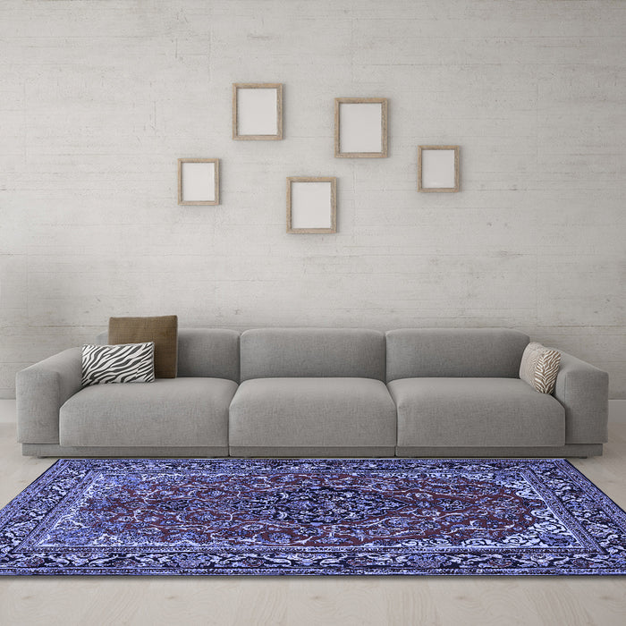 Machine Washable Medallion Blue Traditional Rug in a Living Room, wshtr2199blu
