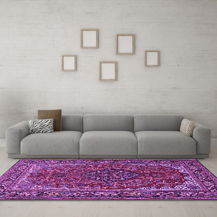 Machine Washable Medallion Purple Traditional Area Rugs in a Living Room, wshtr2199pur