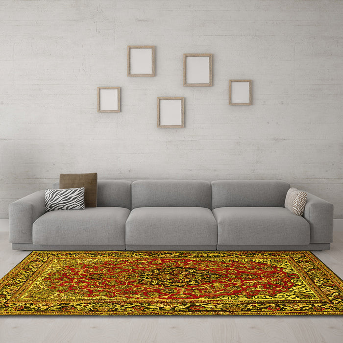 Machine Washable Medallion Yellow Traditional Rug in a Living Room, wshtr2199yw