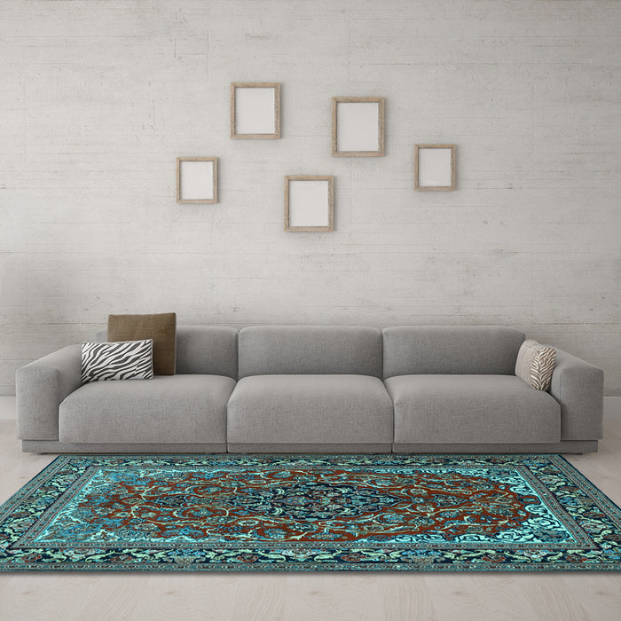 Machine Washable Medallion Light Blue Traditional Rug in a Living Room, wshtr2199lblu