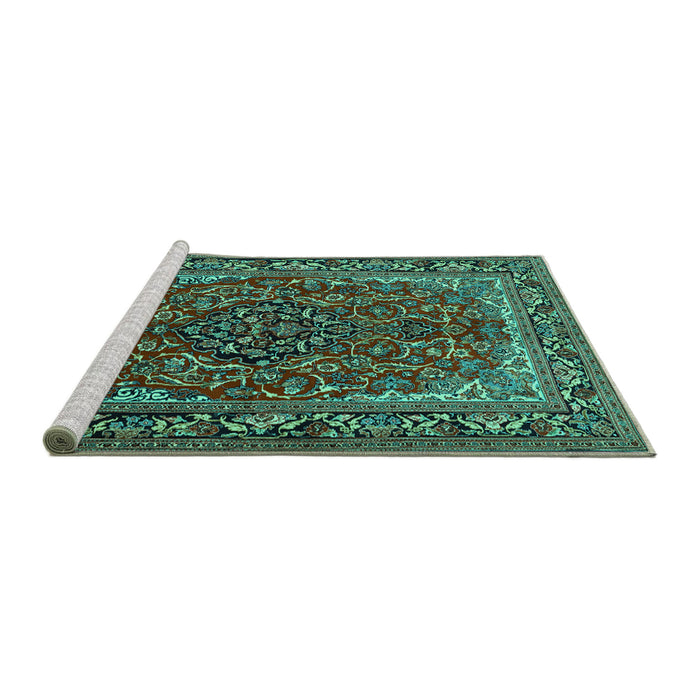 Sideview of Machine Washable Medallion Turquoise Traditional Area Rugs, wshtr2199turq