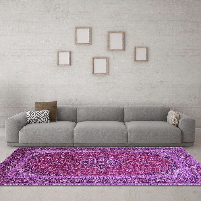 Machine Washable Medallion Purple Traditional Area Rugs in a Living Room, wshtr219pur