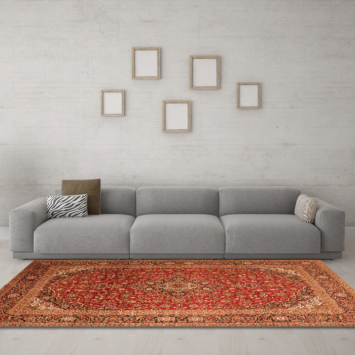Machine Washable Medallion Orange Traditional Area Rugs in a Living Room, wshtr219org
