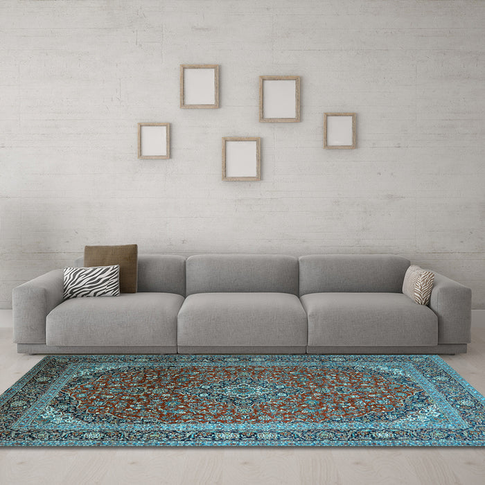 Machine Washable Medallion Light Blue Traditional Rug in a Living Room, wshtr219lblu