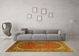 Machine Washable Medallion Yellow Traditional Rug in a Living Room, wshtr219yw