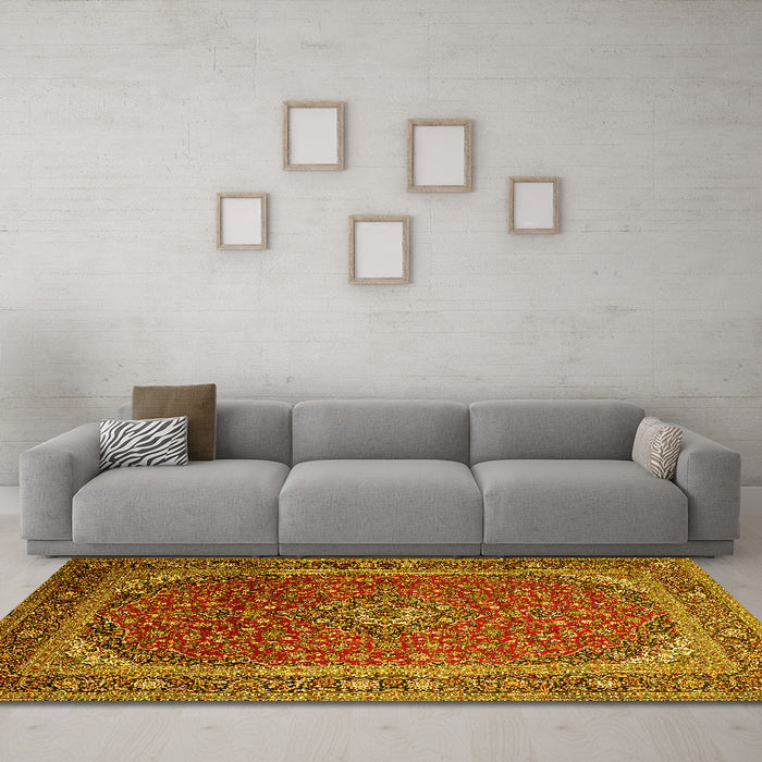 Machine Washable Medallion Yellow Traditional Rug in a Living Room, wshtr219yw