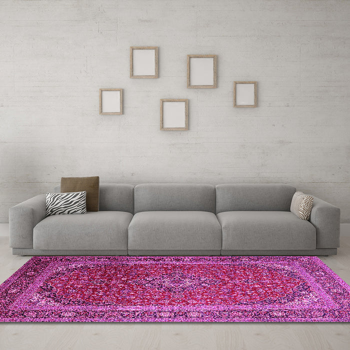 Machine Washable Medallion Pink Traditional Rug in a Living Room, wshtr219pnk