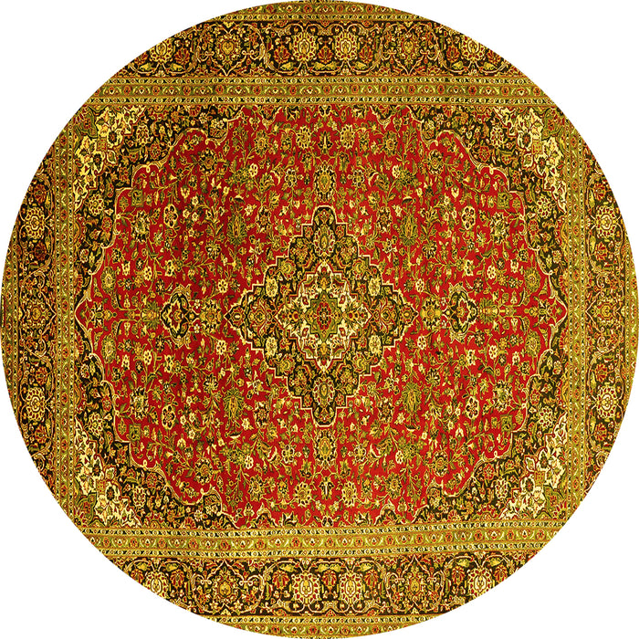 Round Machine Washable Medallion Yellow Traditional Rug, wshtr219yw