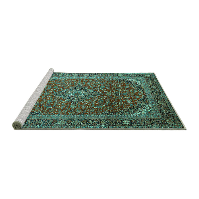 Sideview of Machine Washable Medallion Turquoise Traditional Area Rugs, wshtr219turq