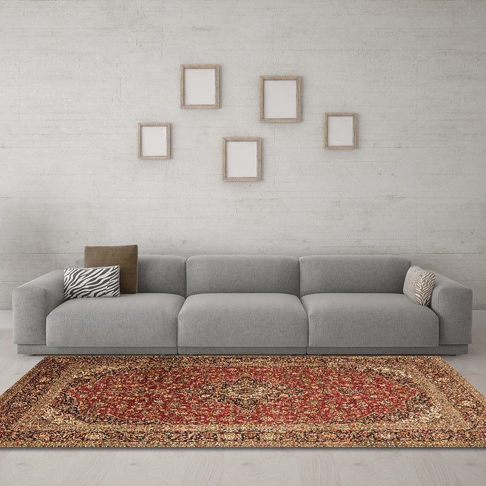 Machine Washable Medallion Brown Traditional Rug in a Living Room,, wshtr219brn