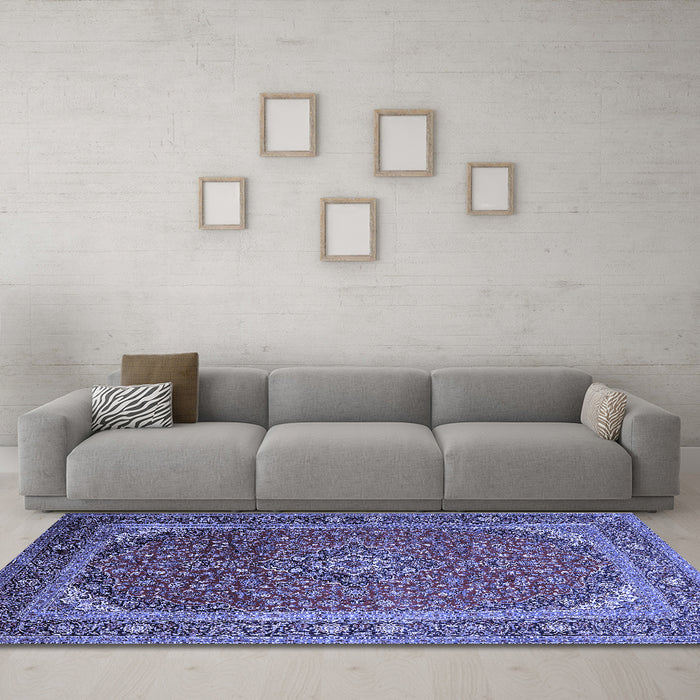 Machine Washable Medallion Blue Traditional Rug in a Living Room, wshtr219blu