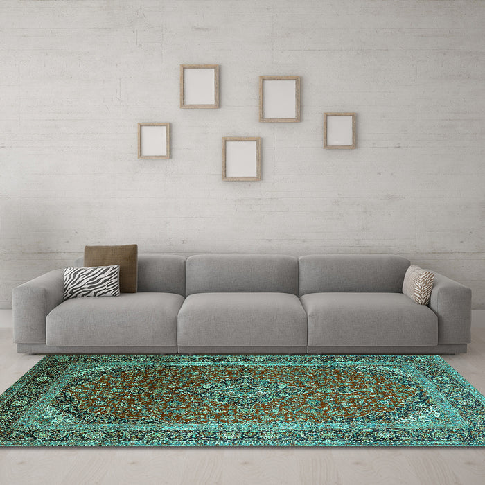 Machine Washable Medallion Turquoise Traditional Area Rugs in a Living Room,, wshtr219turq