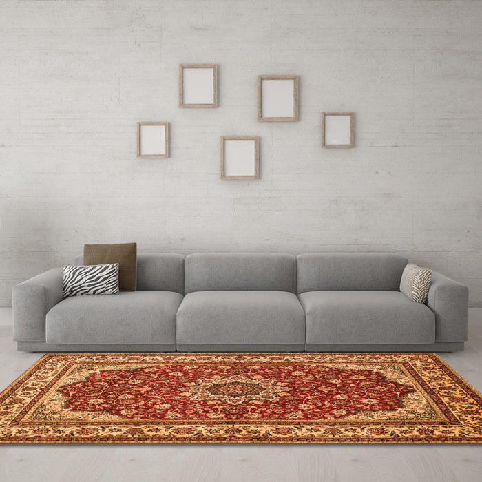 Machine Washable Medallion Orange Traditional Area Rugs in a Living Room, wshtr21org