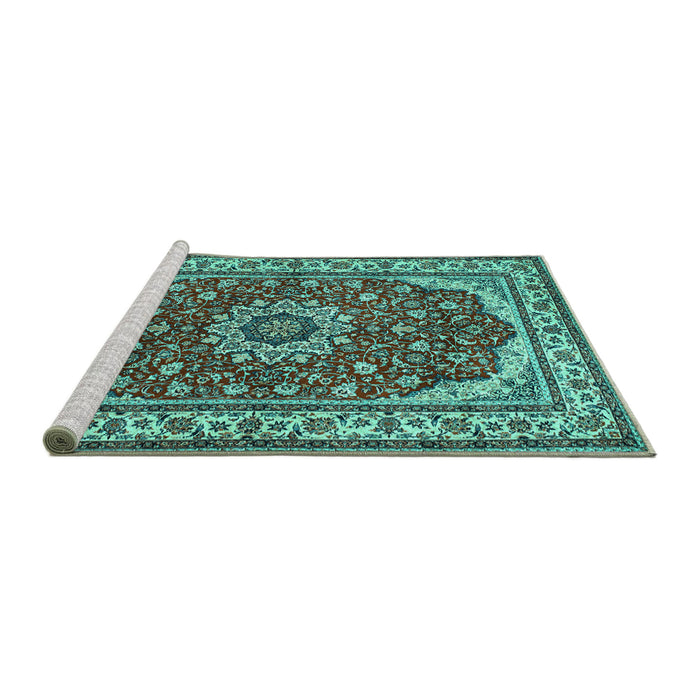 Sideview of Machine Washable Medallion Turquoise Traditional Area Rugs, wshtr21turq