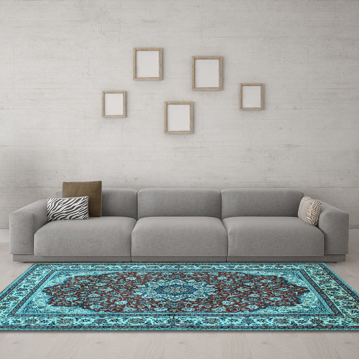 Machine Washable Medallion Light Blue Traditional Rug in a Living Room, wshtr21lblu