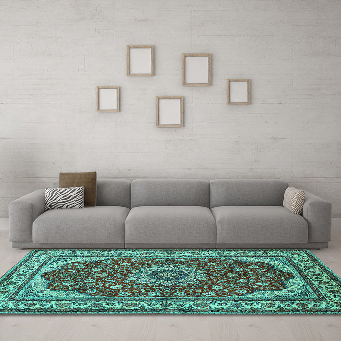 Machine Washable Medallion Turquoise Traditional Area Rugs in a Living Room,, wshtr21turq