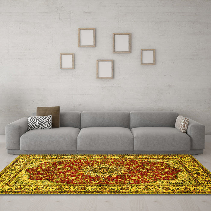 Machine Washable Medallion Yellow Traditional Rug in a Living Room, wshtr21yw