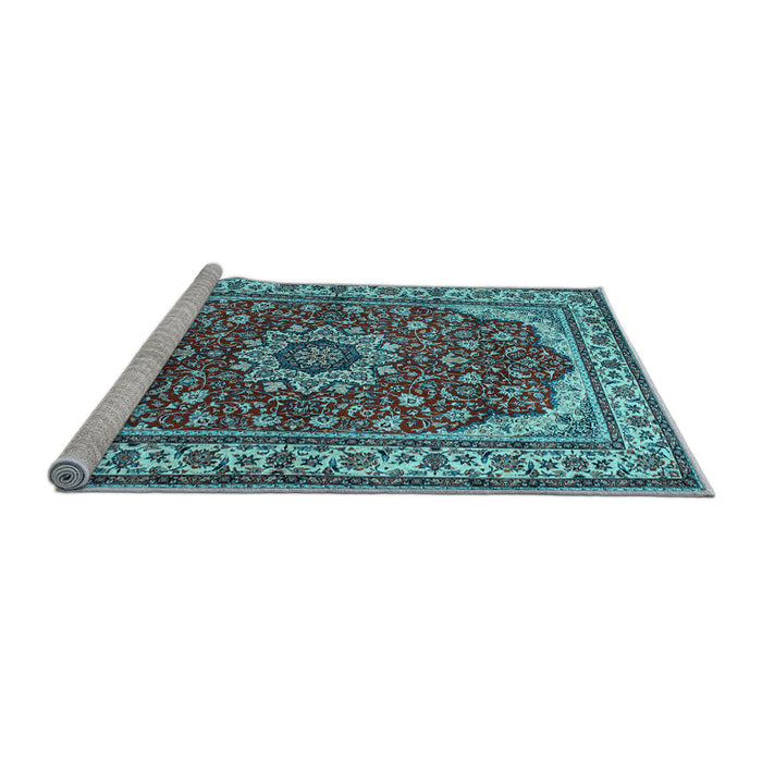 Sideview of Machine Washable Medallion Light Blue Traditional Rug, wshtr21lblu