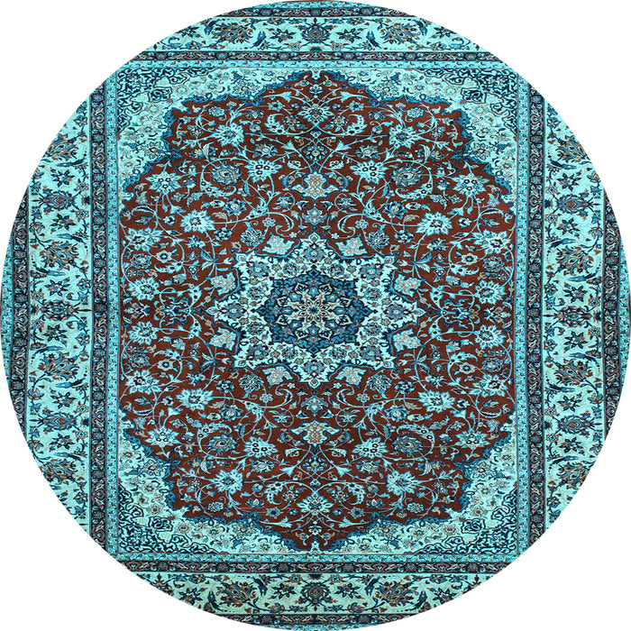 Round Machine Washable Medallion Light Blue Traditional Rug, wshtr21lblu