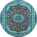 Round Machine Washable Medallion Light Blue Traditional Rug, wshtr21lblu