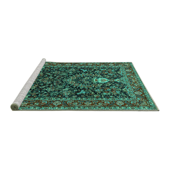 Sideview of Machine Washable Persian Turquoise Traditional Area Rugs, wshtr2201turq