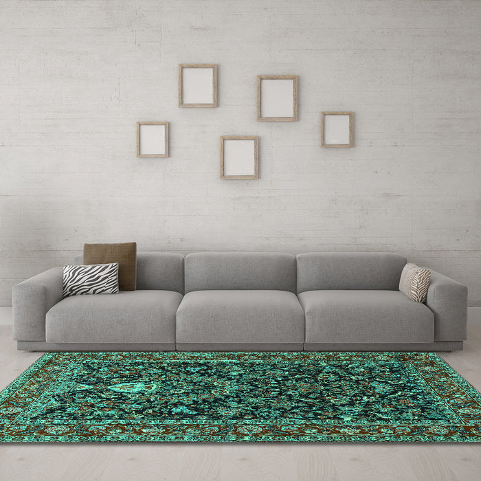 Machine Washable Persian Turquoise Traditional Area Rugs in a Living Room,, wshtr2201turq