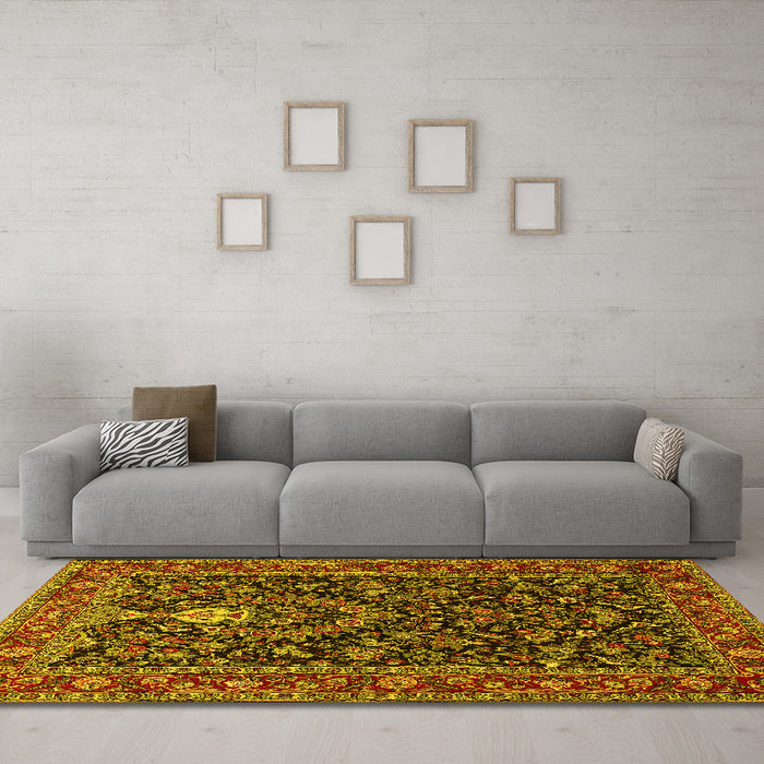 Machine Washable Persian Yellow Traditional Rug in a Living Room, wshtr2201yw