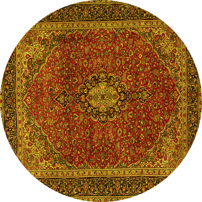 Round Machine Washable Medallion Yellow Traditional Rug, wshtr2202yw