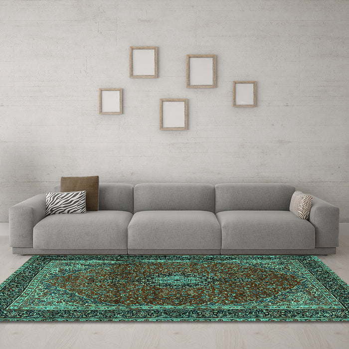 Machine Washable Medallion Turquoise Traditional Area Rugs in a Living Room,, wshtr2202turq