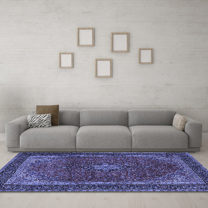 Machine Washable Medallion Blue Traditional Rug in a Living Room, wshtr2202blu