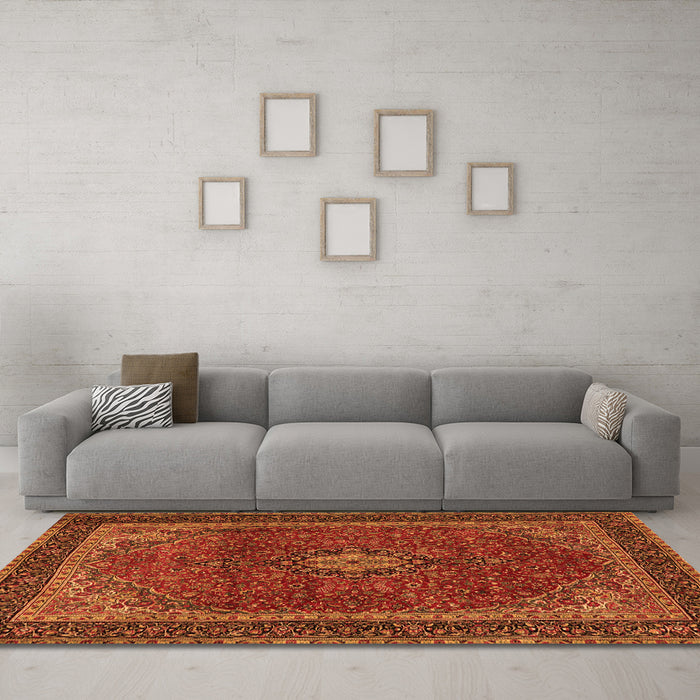 Machine Washable Medallion Orange Traditional Area Rugs in a Living Room, wshtr2202org