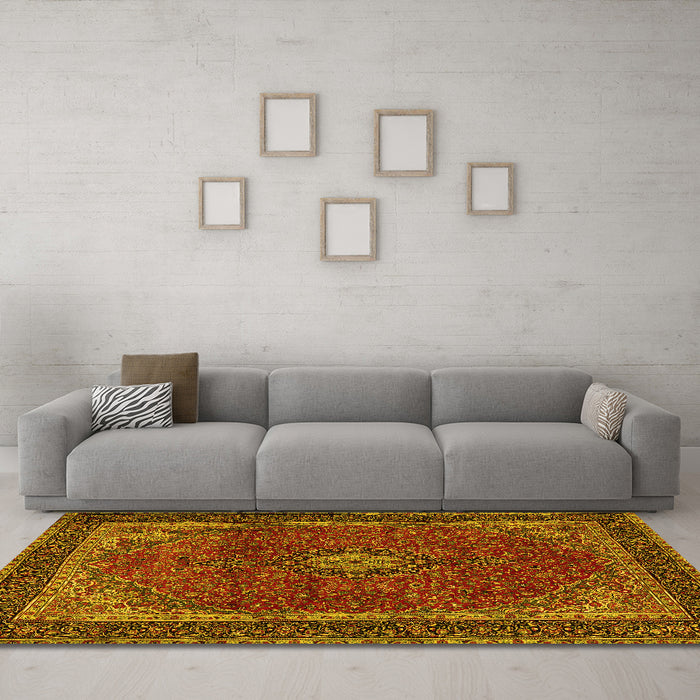 Machine Washable Medallion Yellow Traditional Rug in a Living Room, wshtr2202yw