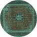 Round Machine Washable Medallion Turquoise Traditional Area Rugs, wshtr2202turq