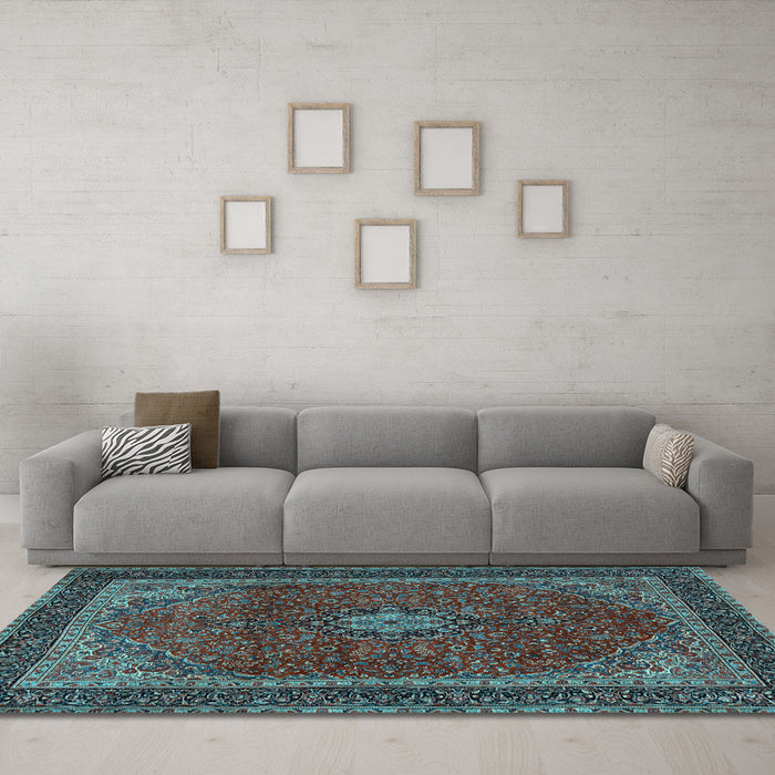Machine Washable Medallion Light Blue Traditional Rug in a Living Room, wshtr2202lblu