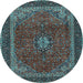 Round Machine Washable Medallion Light Blue Traditional Rug, wshtr2202lblu