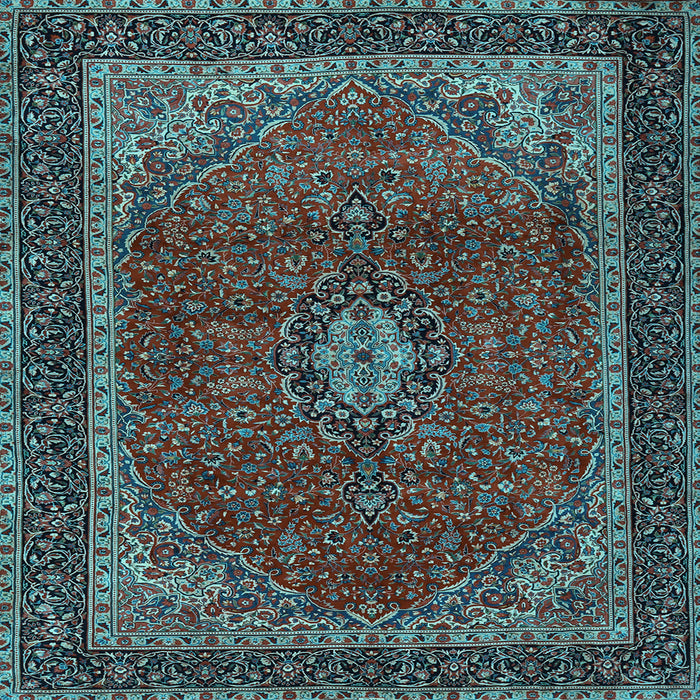 Square Machine Washable Medallion Light Blue Traditional Rug, wshtr2202lblu