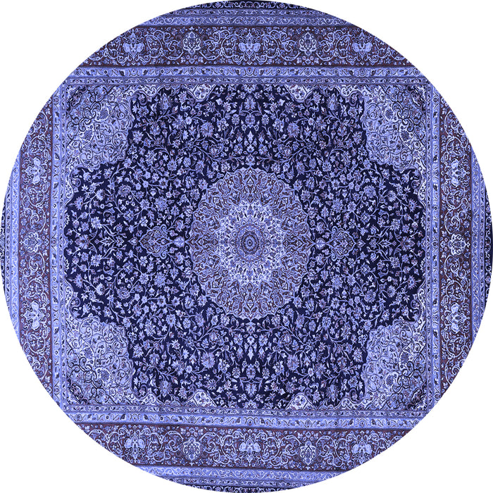 Round Machine Washable Medallion Blue Traditional Rug, wshtr2203blu