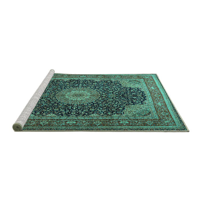 Sideview of Machine Washable Medallion Turquoise Traditional Area Rugs, wshtr2203turq