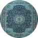 Round Machine Washable Medallion Light Blue Traditional Rug, wshtr2203lblu