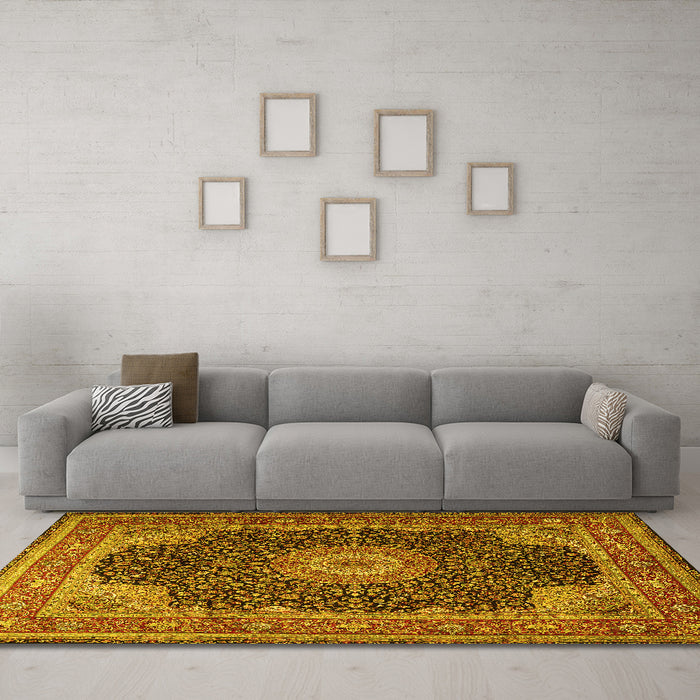 Machine Washable Medallion Yellow Traditional Rug in a Living Room, wshtr2203yw