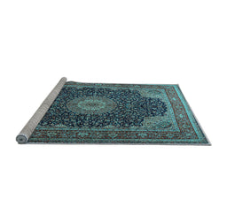 Sideview of Machine Washable Medallion Light Blue Traditional Rug, wshtr2203lblu