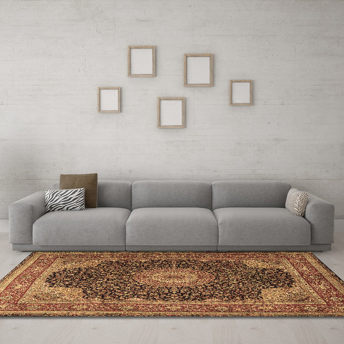 Machine Washable Medallion Brown Traditional Rug in a Living Room,, wshtr2203brn