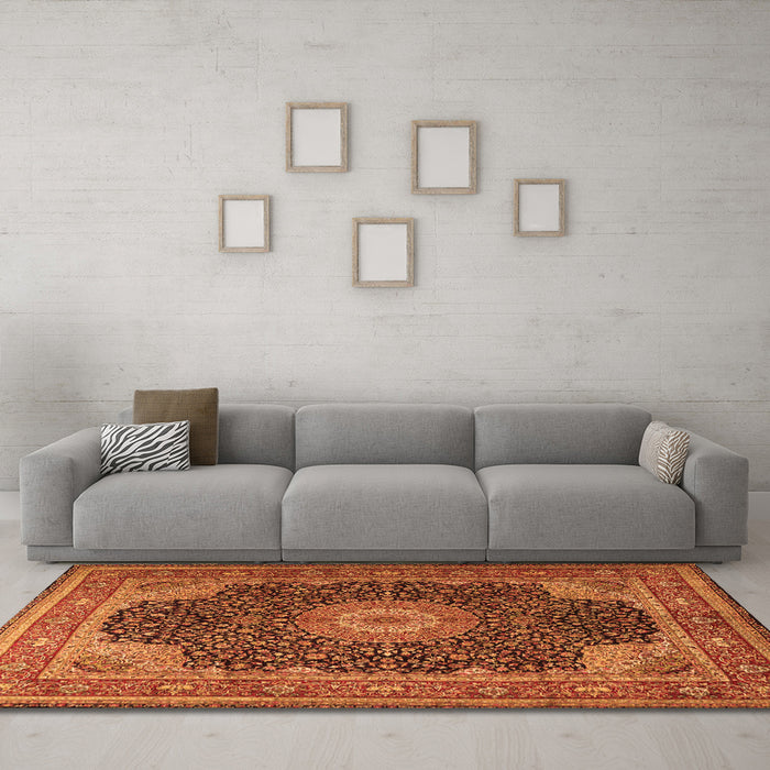 Machine Washable Medallion Orange Traditional Area Rugs in a Living Room, wshtr2203org