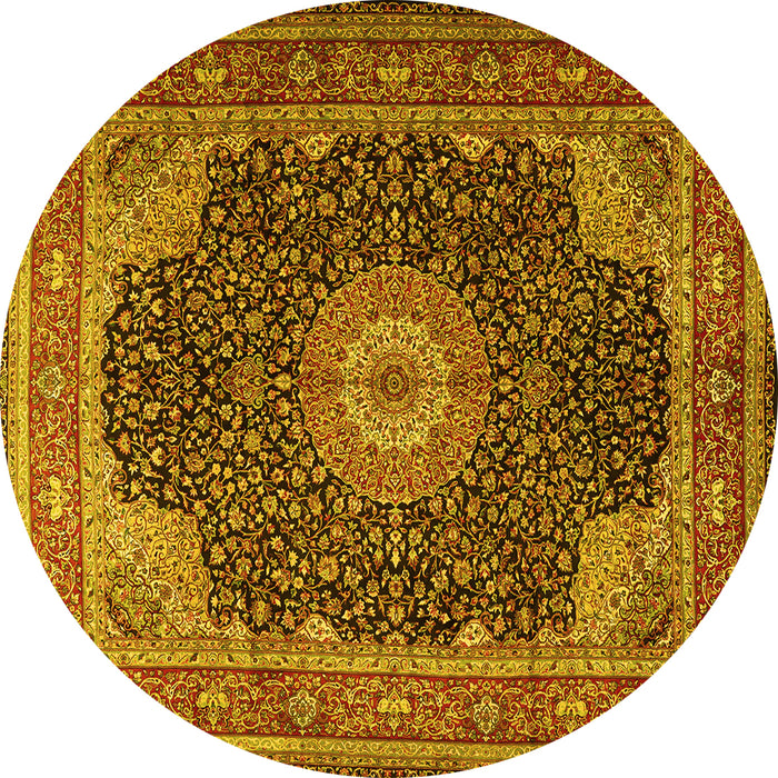 Round Machine Washable Medallion Yellow Traditional Rug, wshtr2203yw