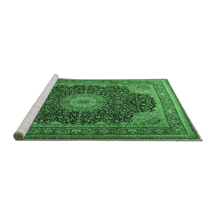Sideview of Machine Washable Medallion Emerald Green Traditional Area Rugs, wshtr2203emgrn