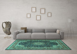 Machine Washable Medallion Turquoise Traditional Area Rugs in a Living Room,, wshtr2203turq