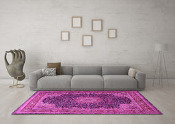 Machine Washable Medallion Pink Traditional Rug in a Living Room, wshtr2203pnk
